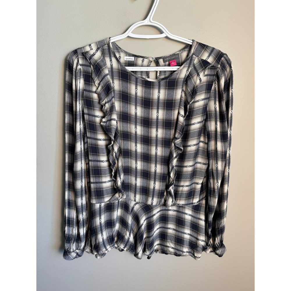 Vince Camuto Womens Plaid Ruffle Peplum Blouse XS Dark Academia Preppy Casual
